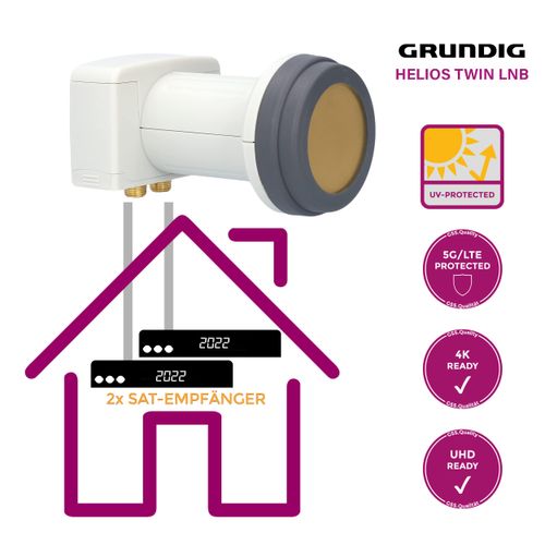 GSS Helios Twin LNB + 4 x F-Connectors, with LTE Shielding & Sun Protect UV Protection, Double 4K HD LNB for 2 Participants, for TV Sat Receiver, for Satellite Bowl