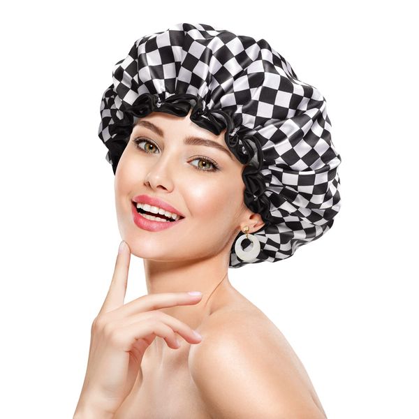 mikimini Large Shower Cap for Women Long Hair, Reusable, Double Layers Waterproof Large Bathing Shower Hat with Soft Comfortable PEVA Lining, Non-Fading, Stretchy & Shower Caps ,Checkerboard (Pack of 1)