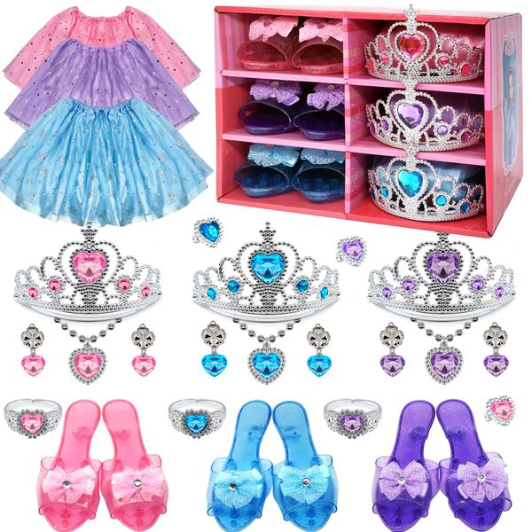 Princess Dress Up Toys & Makeup Jewelry Set, Baby Princess Shoes Costumes Set incl Color Skirts, Shoes, Crowns, Accessories,Toddler Girls Christmas Party Role Play Birthday Gifts for 3-6 Year old Girl