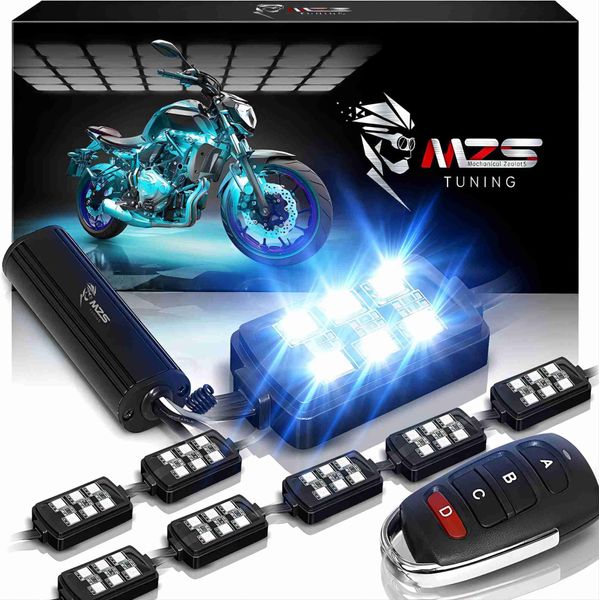 MZS Motorcycle LED Light Kit, Multi-Color Neon RGB Strips Wireless Smart Remote Controller Compatible with ATVs UTVs Cruiser Trikes Golf Carts (Pack of 8)