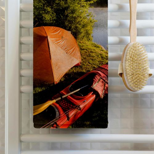 3dRose 15x22 Hand Towel - Kayak, Camp Tent, Mollidgewock SP, Errol NH - US30 JMO1255 - Jerry and Marcy Monkman Camping