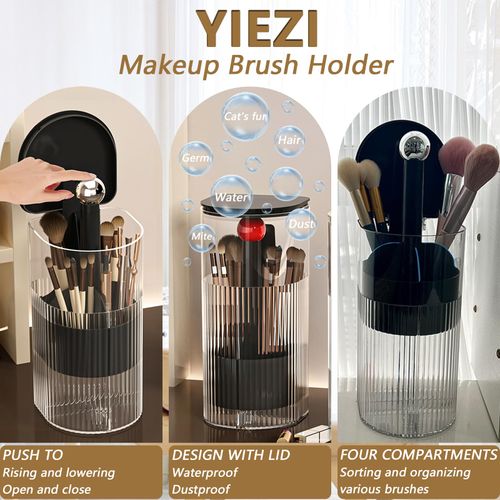 YIEZI Makeup Brush Holder with Lid, One-Hand Press Open/Close Mechanism Cosmetic Tools Organizer, Clear Waterproof Dustproof Make Up Storage for Vanity, Bathroom Countertop-Black-Red Ball