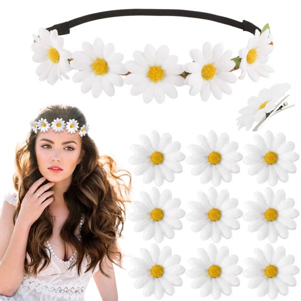 Daisy Flower Headband Daisy Flower Crown Boho Floral Hair Wreath Headpieces +10pcs Daisy Flower Hair Clip for Bridal Women Girls Wedding Party Beach