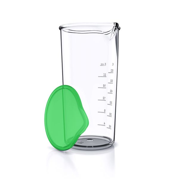 Arendo Measuring jug 600 ml with Measurements displayed, Mixing Jug, Blender Beaker Green lid, 20 oz, Transparent Cup, Ideal for Hand and Handheld Milk frother, Plastic