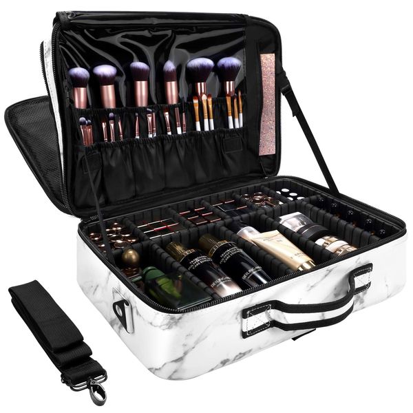 JOURMON Makeup Case Large Travel Cosmetic Bag Portable Make up Organizer Artist Storage with Adjustable Dividers for Hair Curler Brush Set and Shoulder Strap (Large Marble)