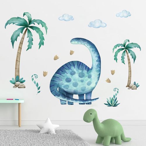 Yovkky Watercolor Large Dinosaur Wall Decals Stickers, Blue Diplodocus Dino Tropical Palm Tree Toddler Baby Nursery Decor, Cloud Footprints Home Decorations Kids Boys Bedroom Playroom Art