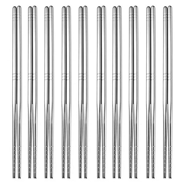 KXLCGYK Chopsticks Set of 10 Pairs Korean Metal Chopsticks Set, 18-8 Stainless Steel, 8.9 inches (22.5 cm), Square Chopsticks Lightweight, Hollow Chopsticks, Anti-Slip, Silver, Korean Tableware,