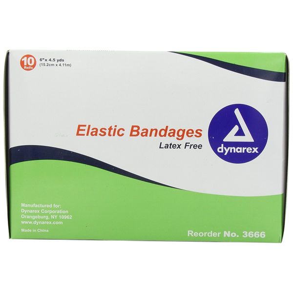 Dynarex Elastic Bandages, Outstanding Compression and Stretch, Latex-Free, Individually-Wrapped Elastic Bandage with 2 Clips, 6" x 5 yds., 1 Box of 10 Elastic Wrap Bandages
