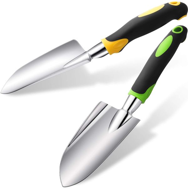 2 Pcs Garden Trowel Hand Shovel Tool Soil Scoop with Soft Rubberized Non Slip Handle Aluminum Alloy Potting Shovel for Digging Planting (Yellow, Green)