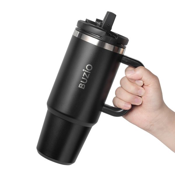 BUZIO 30oz Tumbler with Straw and Lid Travel Mug with Handle Insulated Tumbler with Straw Car Coffee Mug Travel Flask Leak Proof Insulated Mug for Cold and Hot Drink, Black