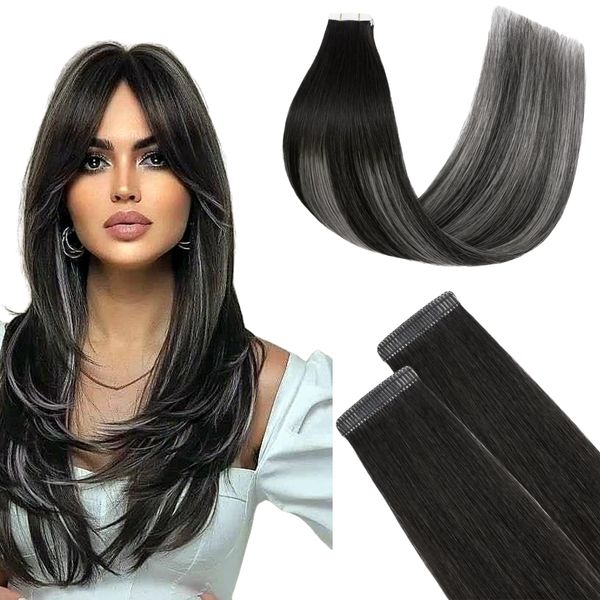 FUOTONBUTY Tape Extensions Echthaar Doppelt Genäht, Ombre Natürliches Schwarz bis Eisgrau Tape in Extensions Echthaar, 20 Stück 50g Invisible Tape Extensions, Tape on Extension Echthaar 40cm