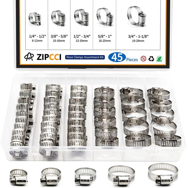 ZIPCCI Hose Clamp Assortment, 45 Pack Stainless Steel Hose Clamps Kit Worm Gear Fuel Line Pipe Clamps (1/4 in to 1-1/8 in)