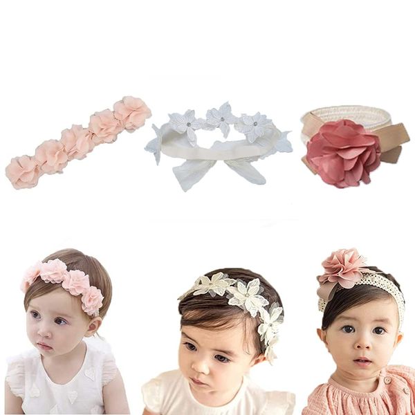 3 Pieces Kids Turban Headband, Infant Girl's Headband, Baby girls Floral Headbands, Bow Lace Band, Flower Hair Band, for Baby, Girl, Toddler, Kids as Party, Photography Accessories (3 Colors)