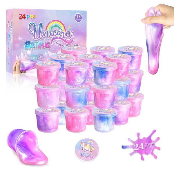 24 Pack Unicorn Slime Party Favors for Kids Slime Cup Bulk DIY Stress Relief Putty Toy Stretchy & Non-Sticky Christmas Easter Birthday Goodie Bag Stuffer Classroom Reward for Girls Boys