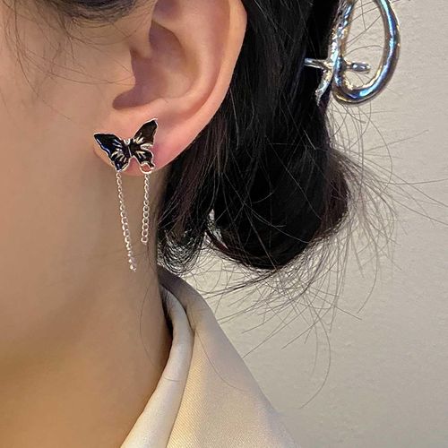 Sttiafay Punk Black Butterfly Drop Earrings Acrylic Butterfly Tassel Chain Earrings Silver Long Butterfly Earrings Black Butterfly Stud Earrings Jewelry for Women and Girls