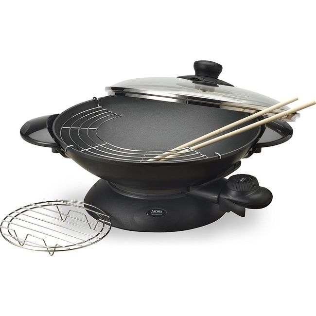 Aroma Housewares AEW-306 Electric Wok with Tempered Glass Lid Easy Clean Nonstick, Cooking Chopsticks, Tempura and Steaming Racks, Professional Model, Black