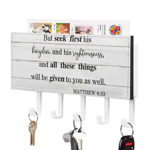 But Seek First His Kingdom Key Holder Wall Mount Key Rack Christian Scripture Self Adhesive Key Hanging Rack Rustic Home Decor for Kitchen Mudroom Hallway Entryway 7x4 inch
