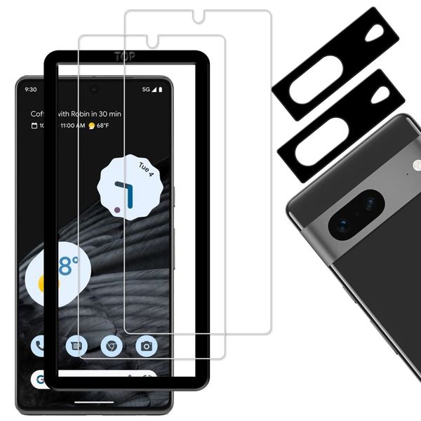 KPNS Set of 2 Tempered Glass Protective Films + 2 Camera Protectors for Google Pixel 7, w/ Guide Frame, Covers Japanese-Made Materials