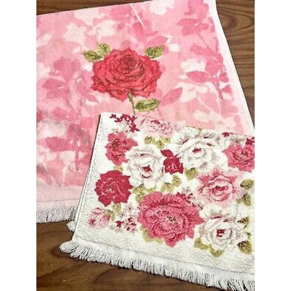 Vintage Bath Hand Towel Set MCM 70s St Mary Retro Rose Floral Fringe Pink White