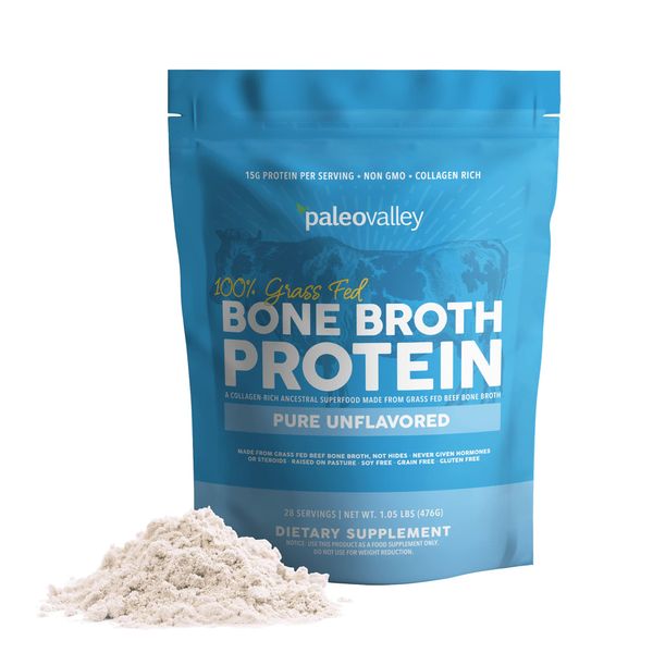 Paleovalley 100% Grass Fed Beef Bone Broth Protein Powder - Rich in Collagen Peptides for Hair, Skin, Gut Health, Bone and Joint Support - 28 Servings, 15g Protein Per Serving - No Gluten or GMOs