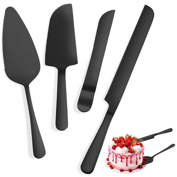 4 Pcs Black Cake Cutting Set, Premium Cake Cutter & Pie Server Set for Wedding, Thickened Stainless Steel Cake Knife and Server with Rounded Edges, Pie Server Spatula Birthday Christmas Gift