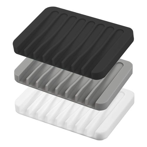 Hzyxgs Self Draining Soap Dishes, 3 Pcs Silicone Soap Saver, Waterfall Drainer Soap Holder for Bathroom and Kitchen Sink Organizer, Dish Soap Tray(White, Gray, Black)