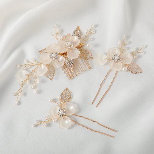 Haodeliy Hair Ornament, Headdress, Comb, U-Pin, 3-Piece Set, Bride, Hair Accessory, Handmade, Wedding Headdress, Hair Ornament, Flowers, Wedding, Reception, After-Party, Recital, Graduation, School Entrance Ceremony, Party, Japanese Clothing, Hair Accesso