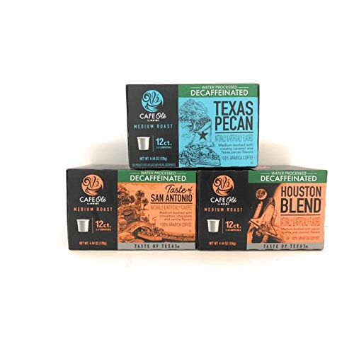 Cafe Ole Taste of Texas DECAF Coffee K Cups Gift Assortment, 12ct. (36 Cups) Houston Blend, Texas Pecan, Taste of San Antonio