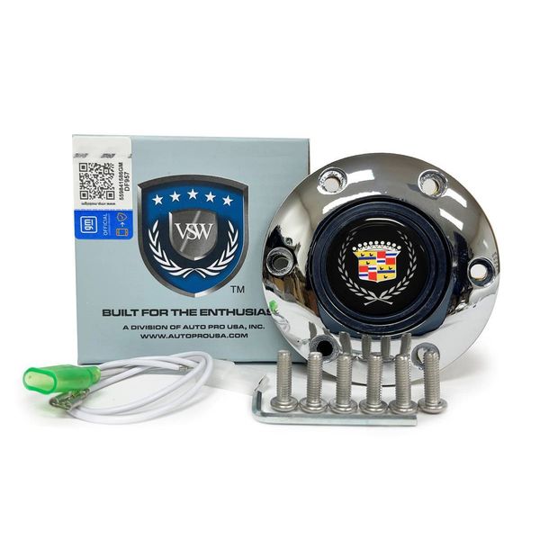 VSW 6-Bolt Chrome Horn Button, Cadillac Crest & Wreath Emblem