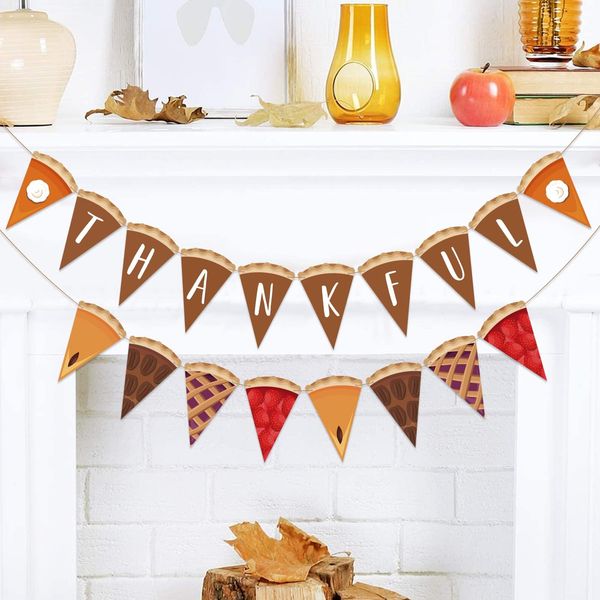 Sinasasspel Thanksgiving Banner Thankful Pumpkin Pie Banner Pennant Garland for Fall Party Harvest Home Mantel Decorations Supplies