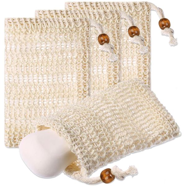 4 Stück Seifensäckchen, Sisal Seifenbeutel, Naturprodukt Beige Seifen Säckchen, Kordelzug Massage Seifensack,Gut zum Bade, einfach für die Reise