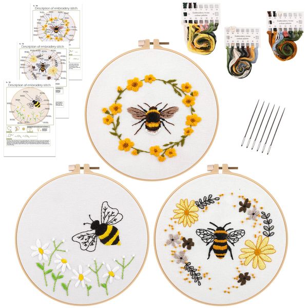 HAOCOO 3 Sets Embroidery Kit for Beginners, Cross Stitch Kits with Floral and Bee Pattern and Instructions, Full Range of Embroidery Cloth, Embroidery Hoops, Color Threads and Tool (Bee)