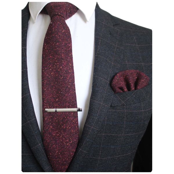 JEMYGINS Burgundy Cashmere Wool Necktie and Pocket Square, Hankerchief and Tie Clip Sets for Men (4)