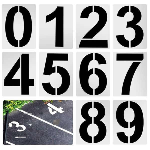 YUENWUZINIC Parking Lot Numbers, 10 Piece Set, 11.6 x 8.9 inches (29.5 x 22.5 cm), Capital Letters, Numbers, Number Marking Plates, Stencil Sheet Numbers, Plastic, Line Drawing, Paint Spraying, Road