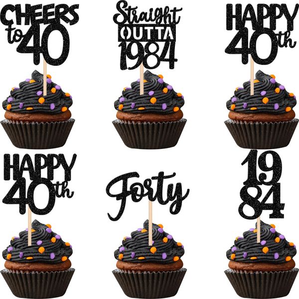 30PCS Black 40th Birthday Cupcake Toppers Glitter Forty Happy 40th Straight Outta 1984 Cupcake Picks for Cheers to 40 Years 40th Birthday Wedding Anniversary Party Decorations Supplies