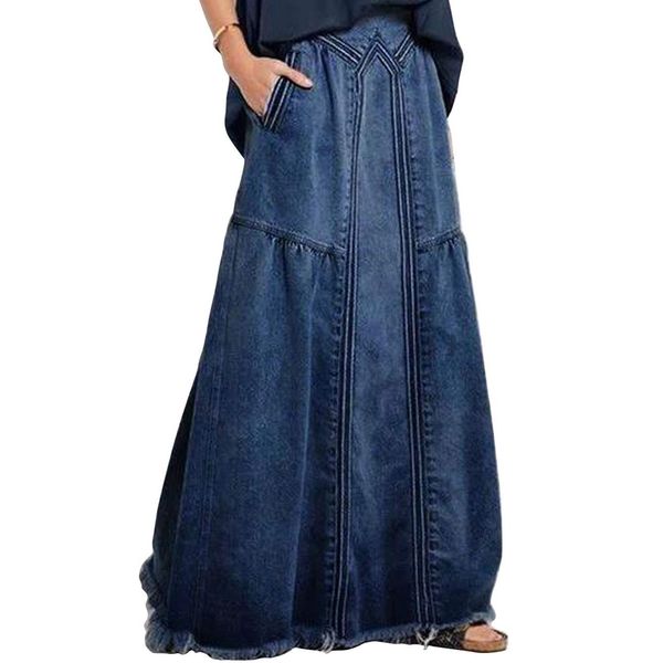 ebossy Women's Casual Elastic Waist Frayed Hem A-Line Distressed Hippie Long Maxi Denim Skirt (Large, Dark Blue)