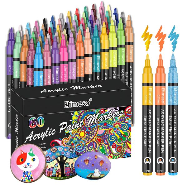 Efimeso Acrylic Paint Pens, 60 Colors Permanent Paint Art Markers for Rock Painting, Stone, Ceramic, Glass, Wood, Metal, Fabric, Pebbles, Water-Based Acrylic Pens Extra-Fine Tip 0.7mm