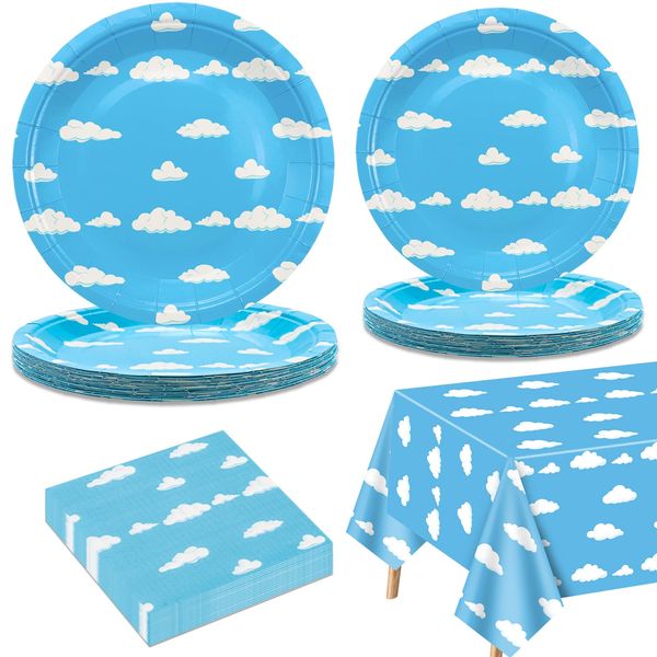 Blue Party Decorations for 20 Guests, Tableware Set includes Paper Plates, Tablecloth, Napkins for Kids Birthday Party Story Themed Party Baby Shower Decorations