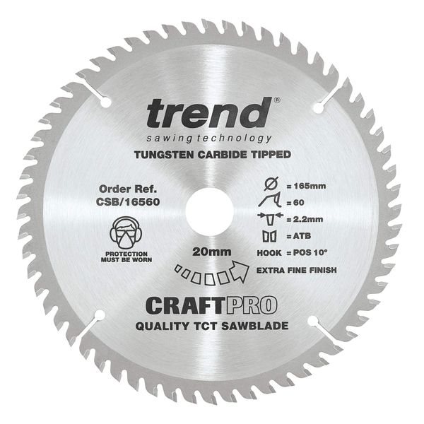 Trend Wood Circular Saw Blade, 165mm Diameter, 20mm Bore, 60 Teeth, TCT, 2.4mm Kerf, +10° Hook, CSB/16560