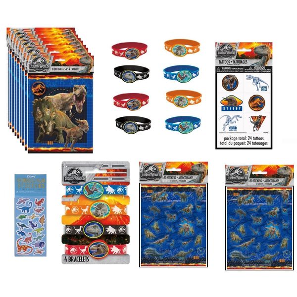 Unique Jurassic World Birthday Party Supplies Favor Bundle Pack includes 8 Loot Bags, 8 Rubber Bracelets, 24 Tattoos, 160 Stickers, 1 Dinosaur Sticker Sheet