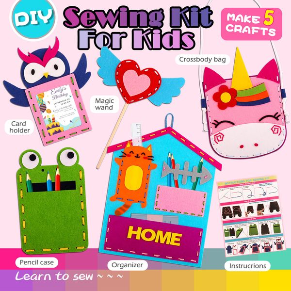 First Sewing Kit for Kids 4-7, Learn to Sew Fun Craft Kits Ages 5-8 4-8, Felt Sewing Crafts for 4 5 6 7 Year Old Girls Embroidery Little Girl Yarn Activities Children Beginners Starter Sewing Projects