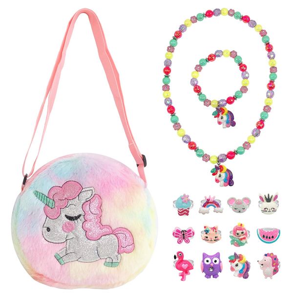 Elesa Miracle Little Girl Plush Purse Handbag Kids Necklace Pretend Play Toy Playset Jewelry Crossbody Purse for Children Toddler Baby Girls, Unicorn