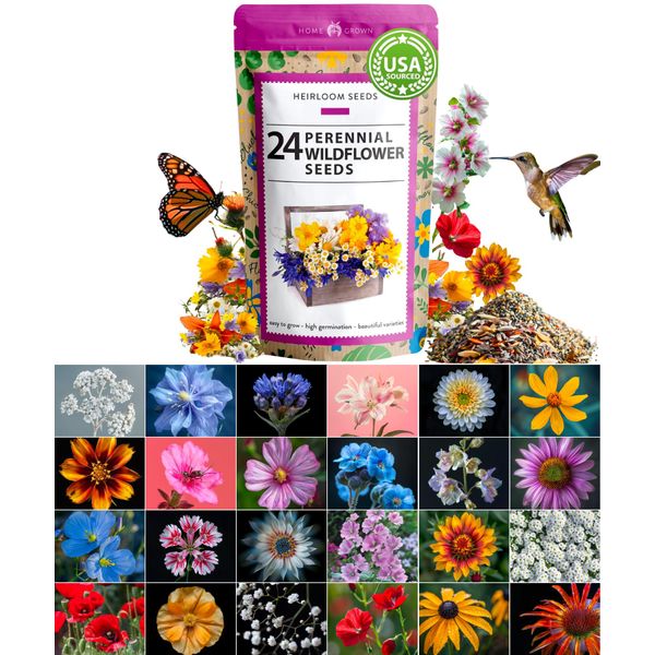 HOME GROWN 90,000+ Wildflower Seeds - Bulk Perennial Wild Flower Seeds Mix - 3oz Flower Garden Seeds for Attracting Bees, Birds & Butterflies - 24 Variety Plant Seeds for Outdoor Garden