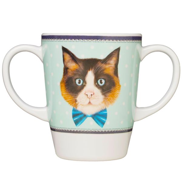 Rosa Lifestyle Two Handled Melamine Cat Mug – Lightweight 126g, 400ml/14oz Capacity – Daily Living Mobility Aid for Elderly, Dementia, Tremors, Arthritis, & Weak Grip (Cat)