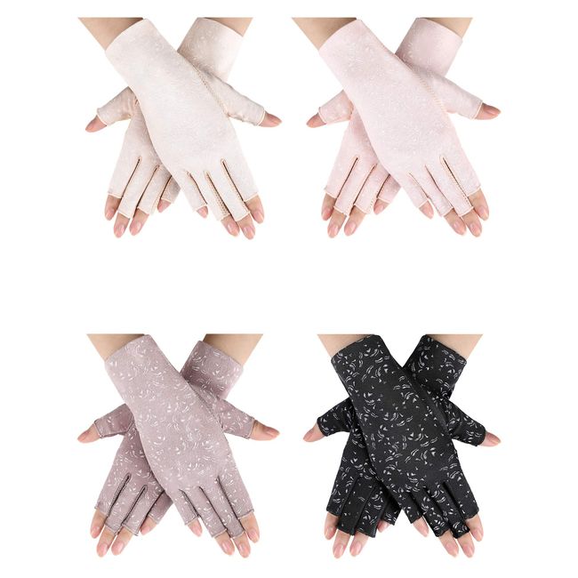 4 Pairs Women Sunscreen Fingerless Gloves UV Protection Half Finger Gloves Summer Sunblock Gloves for Golfing Outdoor Activities Favors, Black, Purple, Grey and Beige, Medium (Flower)