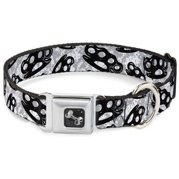 Buckle-Down Seatbelt Buckle Dog Collar - Brass Knuckles White/Gray/Black - 1.5" Wide - Fits 13-18" Neck - Small