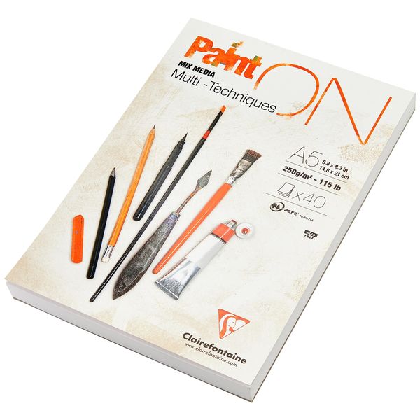 Clairefontaine cf96538 Paint on A5 Pads, White, 40 Sheets, 250 g/m², Mixed Media Paper, PEFC Certified, Acid Free, ISO9706 Standard, Watercolor, Oil Painted, Pastel, Acrylic Ink Pencil, White