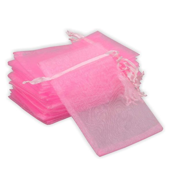 PMLAND 100 Pieces Pink Organza Drawstring Pouches for Candy Jewelry Party Wedding Favor Gift and Present Bags 4 x 6 Inch