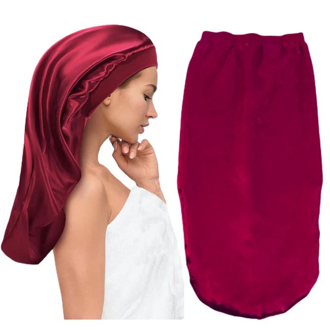 MyMegan Satin Bonnet for Sleeping – Long Cap Sleeping Bonnet for Women with Long Hair, Braids, Dreadlocks - Extra Large Size, Soft & Breathable - Silk-Like Comfort and Frizz Prevention Burgundy