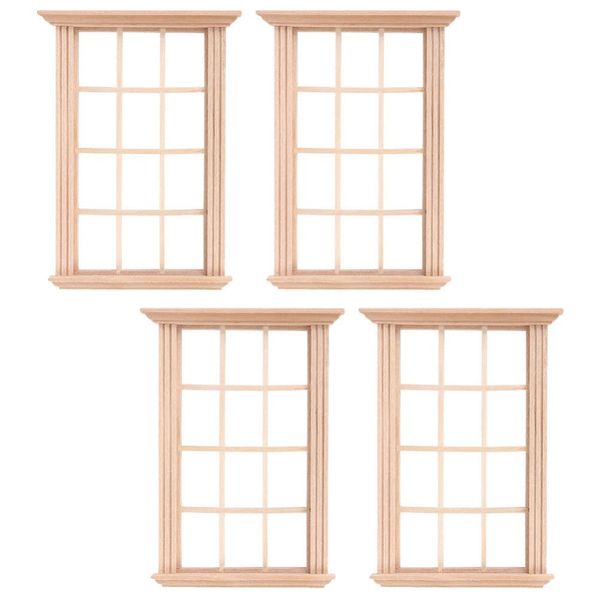 Happyyami Miniature Dollhouse Furniture Wooden Window: 1: 12 Scale Miniatures Wood Windows for Doll House 4pcs Mini Window Frame Model Mini DIY Shutters Craft Accessories for Dolls Houses Decoration